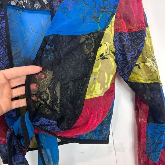 Chico's Silk Lace patchwork Top Women Large Multicolor Velvet Tie Front blouse 2 - Picture 12 of 15